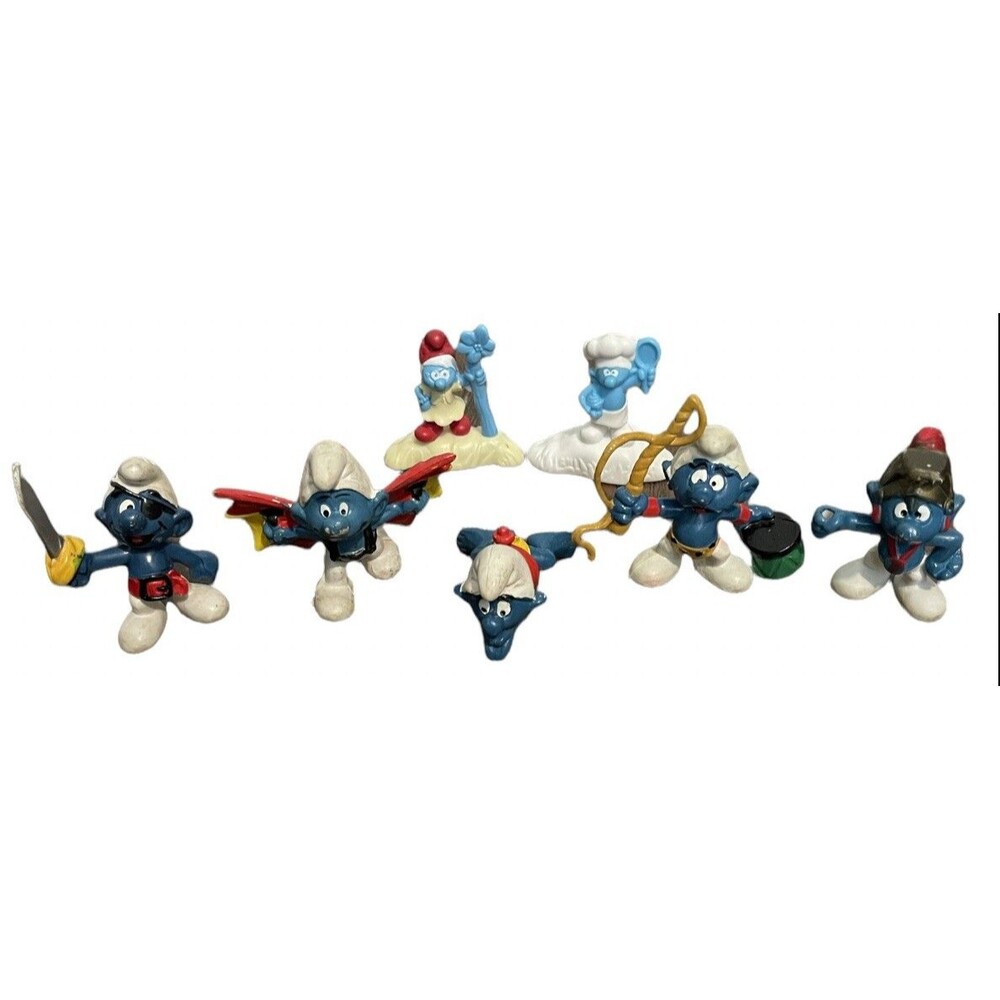Lot 5 VTG 1978 Peyo Schleich Smurfs figures 2-3” + 2 2017 Smurf Happy Meal Toys